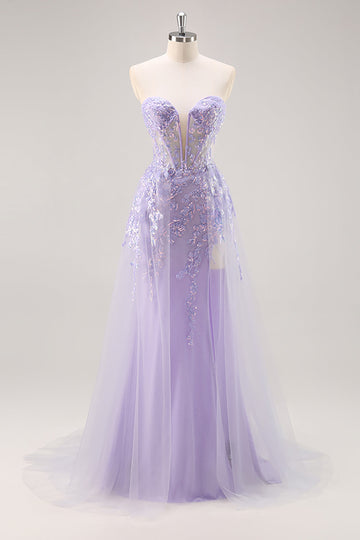 Lilla senza spalline corsetto Abito da Cerimonia con sovrapposizione staccabile